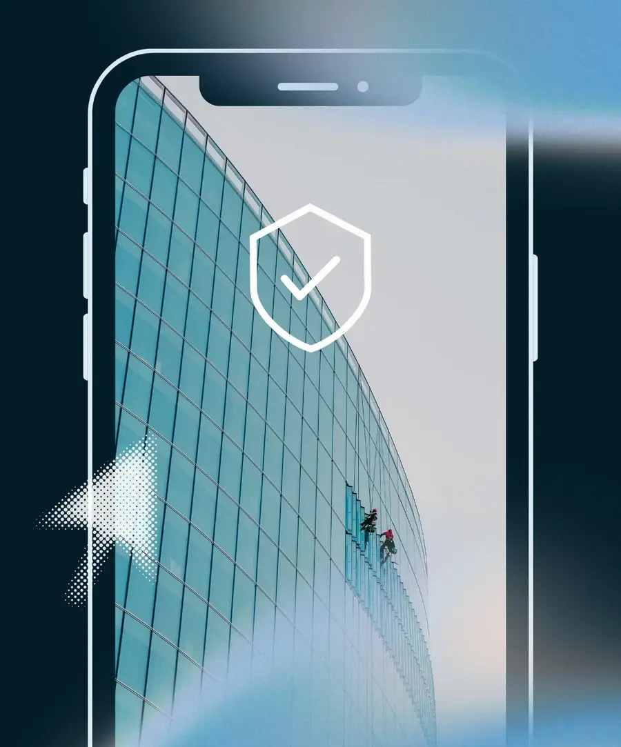 A phone showing a tower with rope technicians on it, marked with the RopeDocs shield