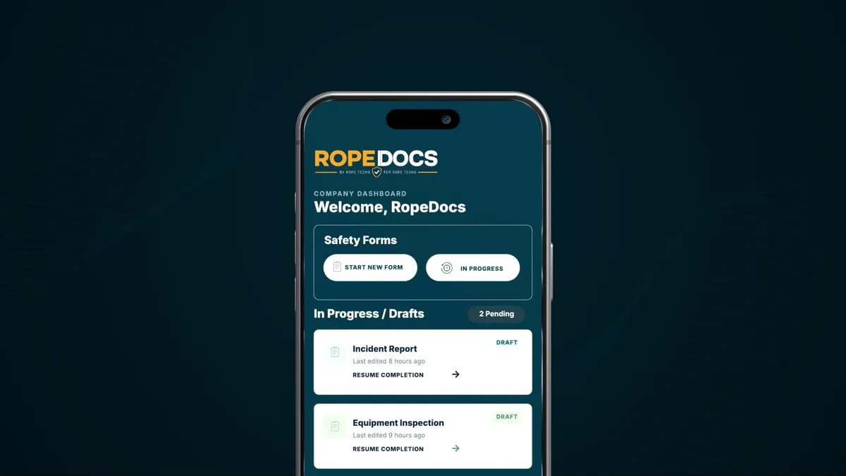 The RopeDocs dashboard on a phone, showing safety forms and drafts in progress