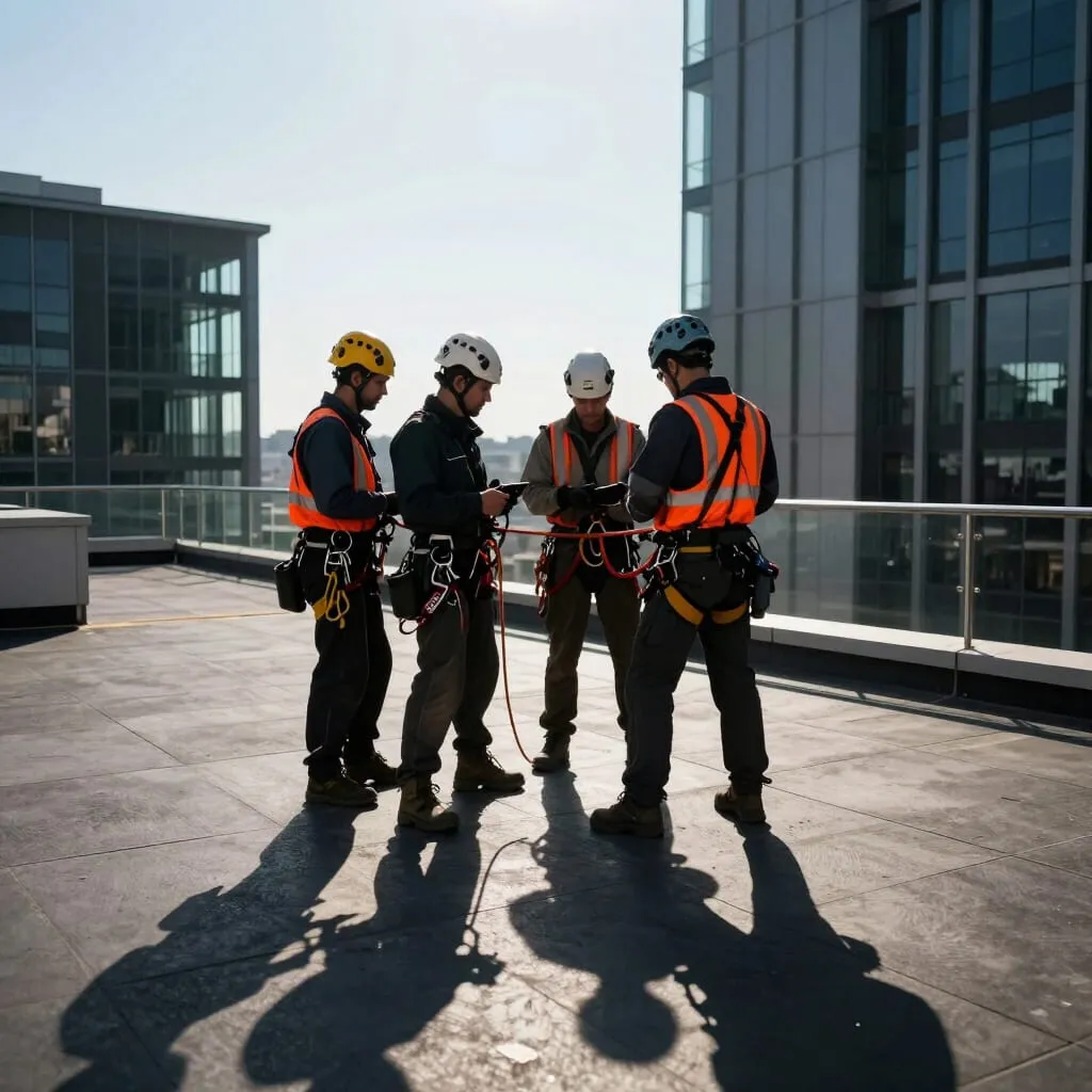 Cuatro técnicos de acceso por cuerda con casco y arnés, de pie juntos en un techo